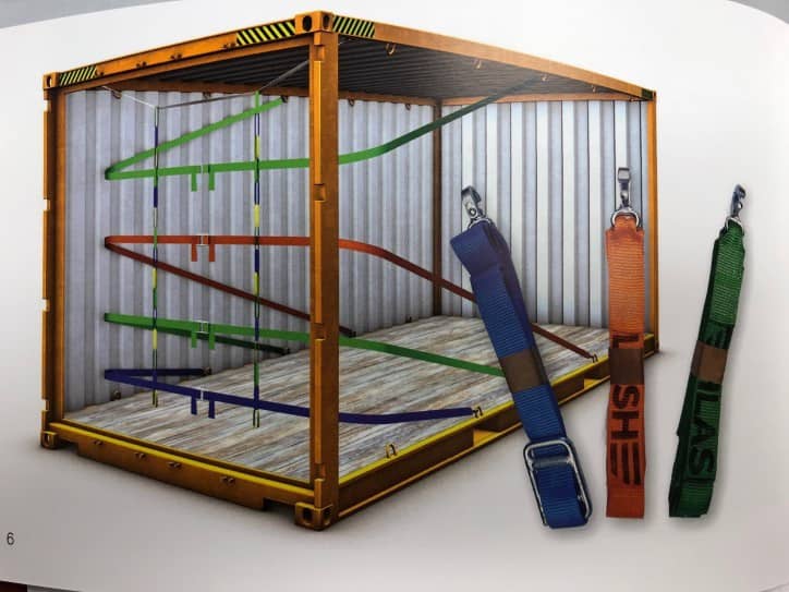 A shipping container with multicolored straps inside and three colored ratchet straps outside. Industrial sewing services apply.