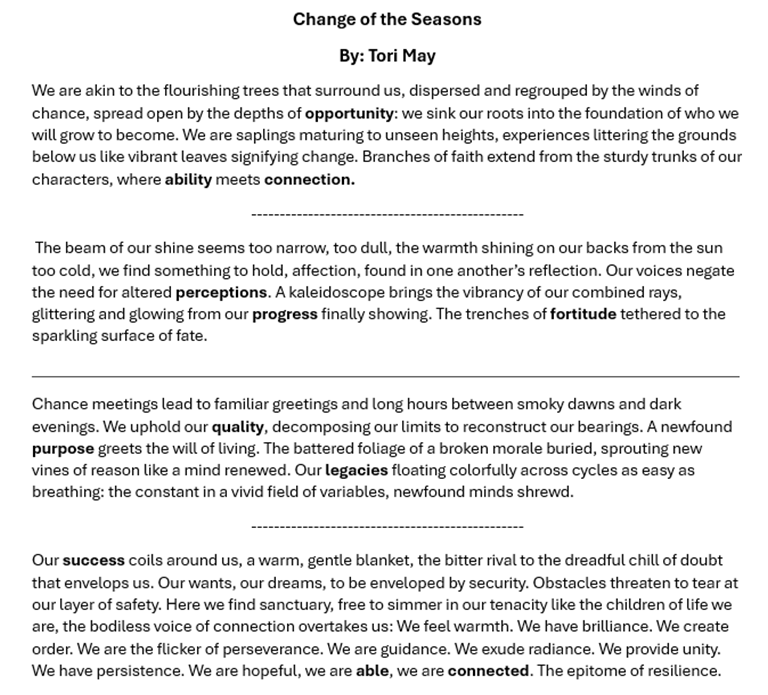 A poetic passage titled "Change of the Seasons" by Tori May, emphasizing themes of growth, connection, and resilience.